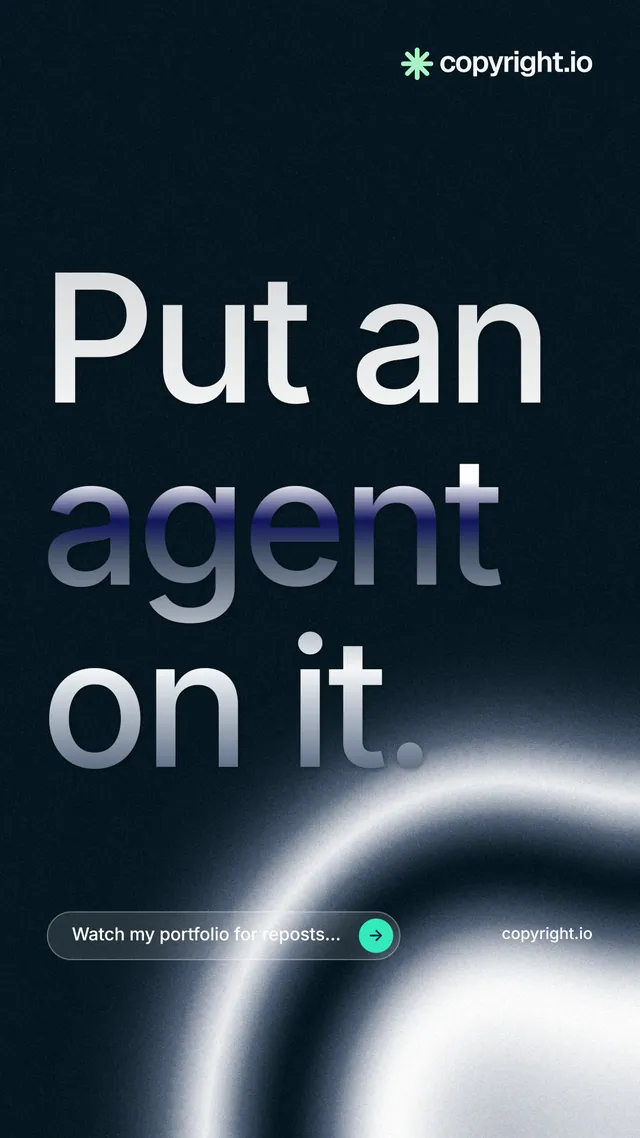 Instagram story for copyright.io: "Put an agent on it." Agentic glass style, poster layout, dark palette in black, white, grey.