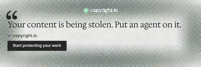 X header for copyright.io: "Your content is being stolen." Retro print style, quote layout, light palette in grey, white.
