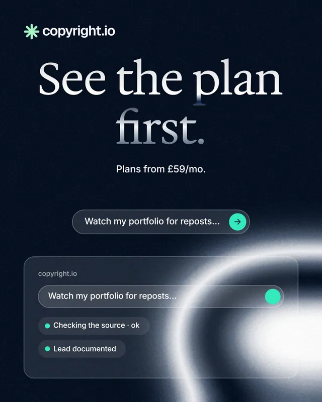 Instagram portrait post for copyright.io: "See the plan first." Agentic glass style, centred layout, dark palette in black, blue, grey.