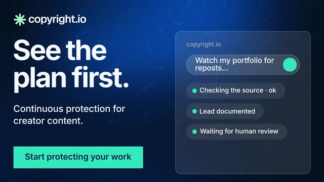 Landscape graphic for copyright.io: "See the plan first." Swiss style, bottom layout, dark palette in black, blue, teal.