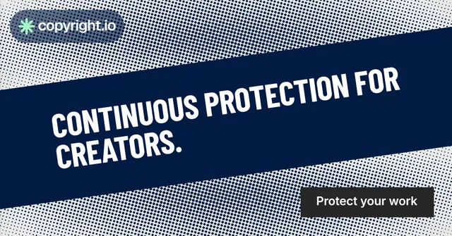 Social ad for copyright.io: "Continuous protection for creators." Retro print style, diagonal layout, dark palette in blue, grey.