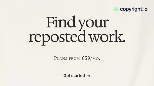 Landscape graphic for copyright.io: "Find your reposted work." Swiss style, smallcaps layout, light palette in white, grey.