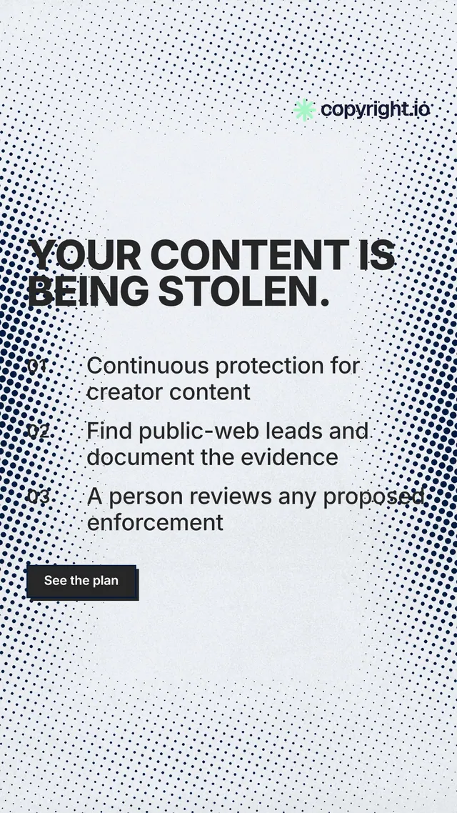 Instagram story for copyright.io: "Your content is being stolen." Brutalist style, numbered layout, light palette in blue, white, grey.
