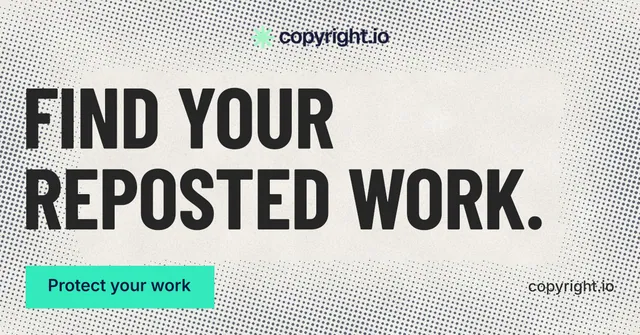 Social ad for copyright.io: "Find your reposted work." Retro print style, poster layout, light palette in white, yellow, grey.