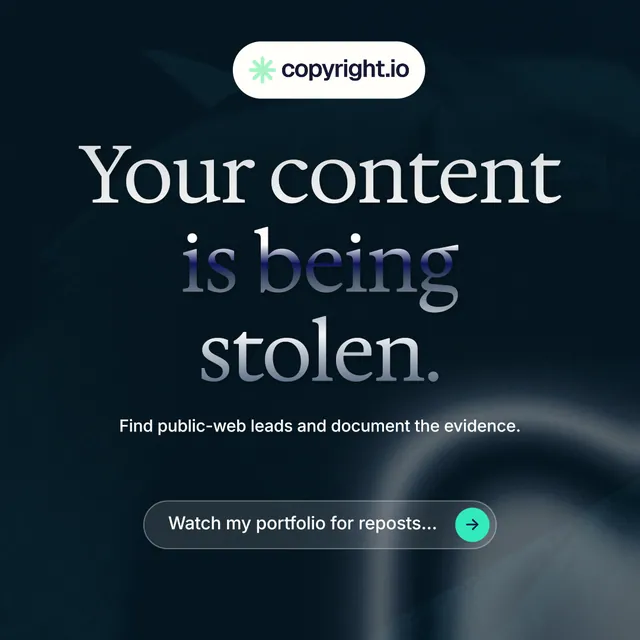 Instagram post for copyright.io: "Your content is being stolen." Agentic glass style, centred layout, dark palette in black, grey.