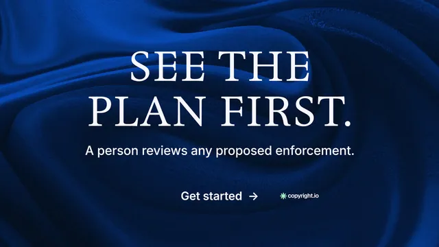 Landscape graphic for copyright.io: "See the plan first." Minimal luxury style, centred layout, dark palette in black, blue.