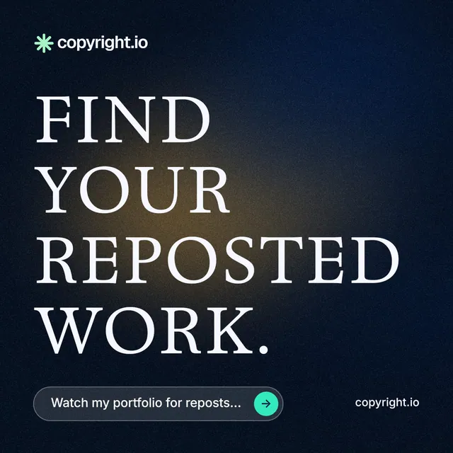 Instagram post for copyright.io: "Find your reposted work." Agentic glass style, poster layout, dark palette in blue, black, grey.