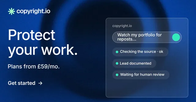 Social ad for copyright.io: "Protect your work." Minimal luxury style, bottom layout, dark palette in black, blue.