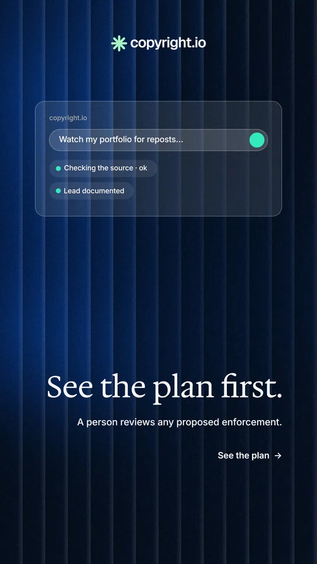 Instagram story for copyright.io: "See the plan first." Minimal luxury style, right layout, dark palette in black, blue.