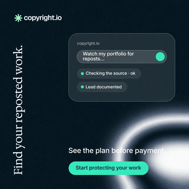 Instagram post for copyright.io: "Find your reposted work." Y2K style, vertical layout, dark palette in black, blue, grey.