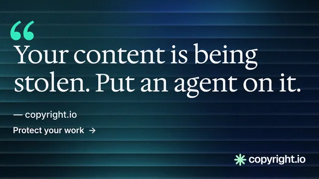 Landscape graphic for copyright.io: "Find your reposted work." Minimal luxury style, quote layout, dark palette in blue, black.
