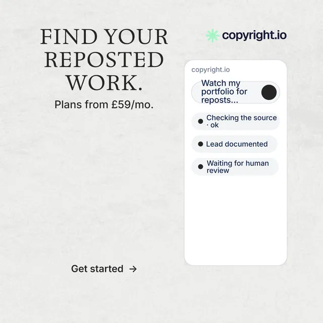 Instagram post for copyright.io: "Find your reposted work." Minimal luxury style, skeleton layout, light palette in white, grey.