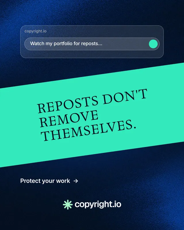 Instagram portrait post for copyright.io: "Reposts don't remove themselves." Minimal luxury style, diagonal layout, dark palette in teal, blue, black.