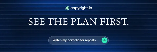 X header for copyright.io: "See the plan first." Agentic glass style, centred layout, dark palette in blue, black.