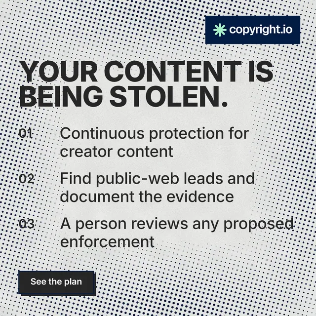 Instagram post for copyright.io: "Your content is being stolen." Brutalist style, numbered layout, light palette in grey, white.