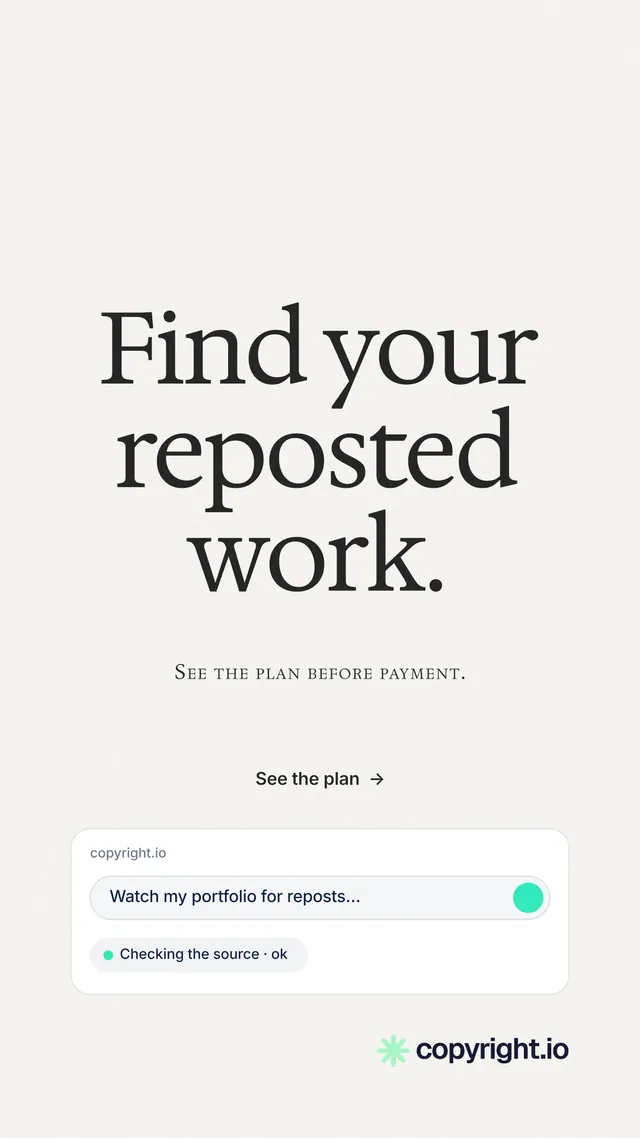 Instagram story for copyright.io: "Find your reposted work." Editorial style, smallcaps layout, light palette in white, grey.