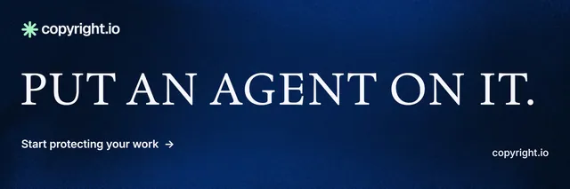 X header for copyright.io: "Put an agent on it." Minimal luxury style, poster layout, dark palette in black, blue.