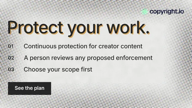 Landscape graphic for copyright.io: "Protect your work." Swiss style, numbered layout, light palette in grey, white.