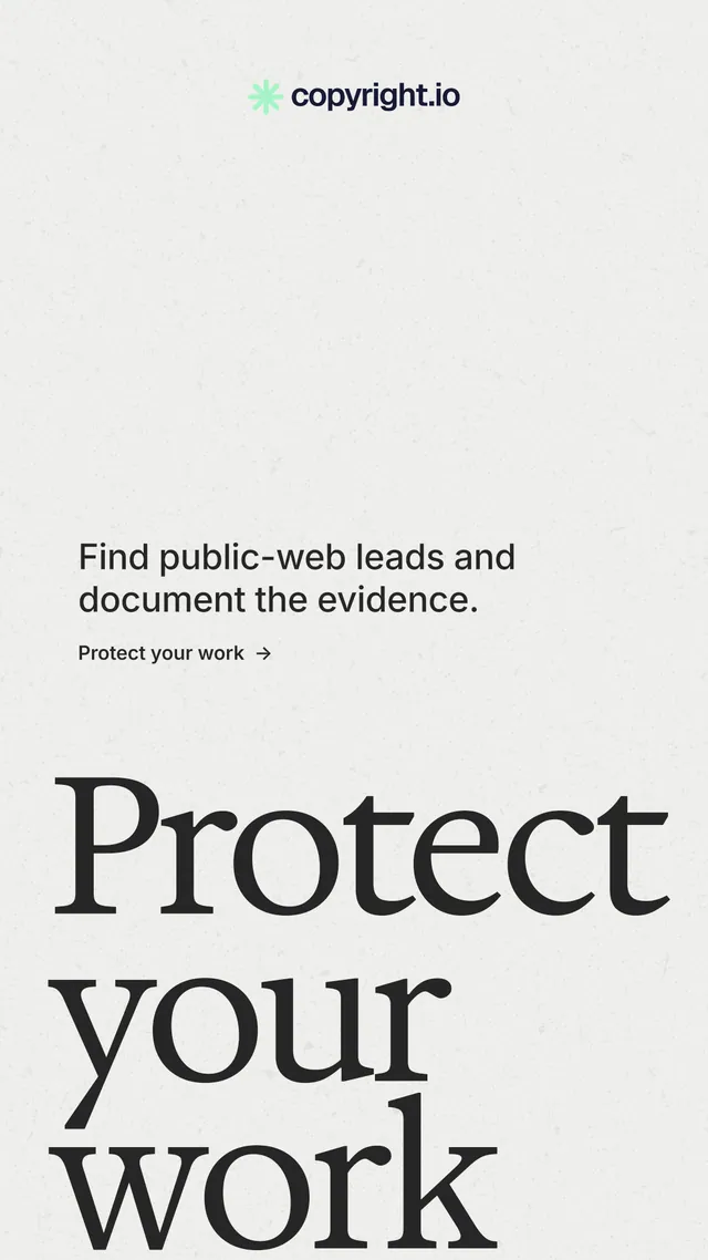 Instagram story for copyright.io: "Protect your work." Minimal luxury style, oversized layout, light palette in white, grey.