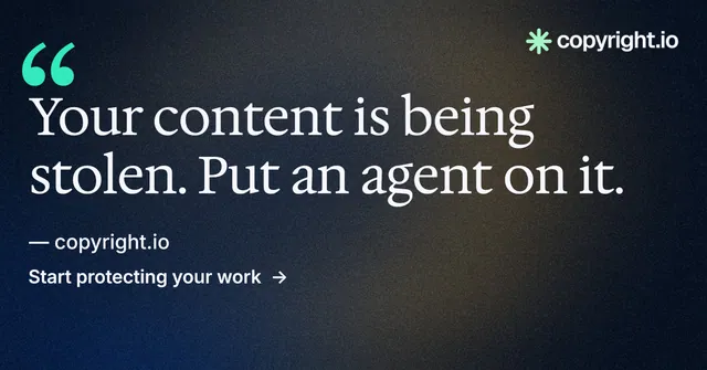 Social ad for copyright.io: "Reposts don't remove themselves." Minimal luxury style, quote layout, dark palette in blue, black, grey.
