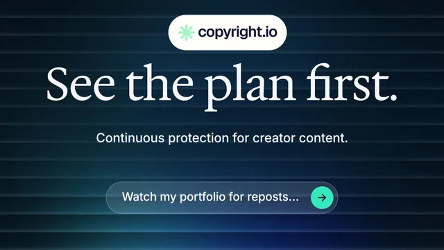 Landscape graphic for copyright.io: "See the plan first." Agentic glass style, centred layout, dark palette in black, blue, grey.