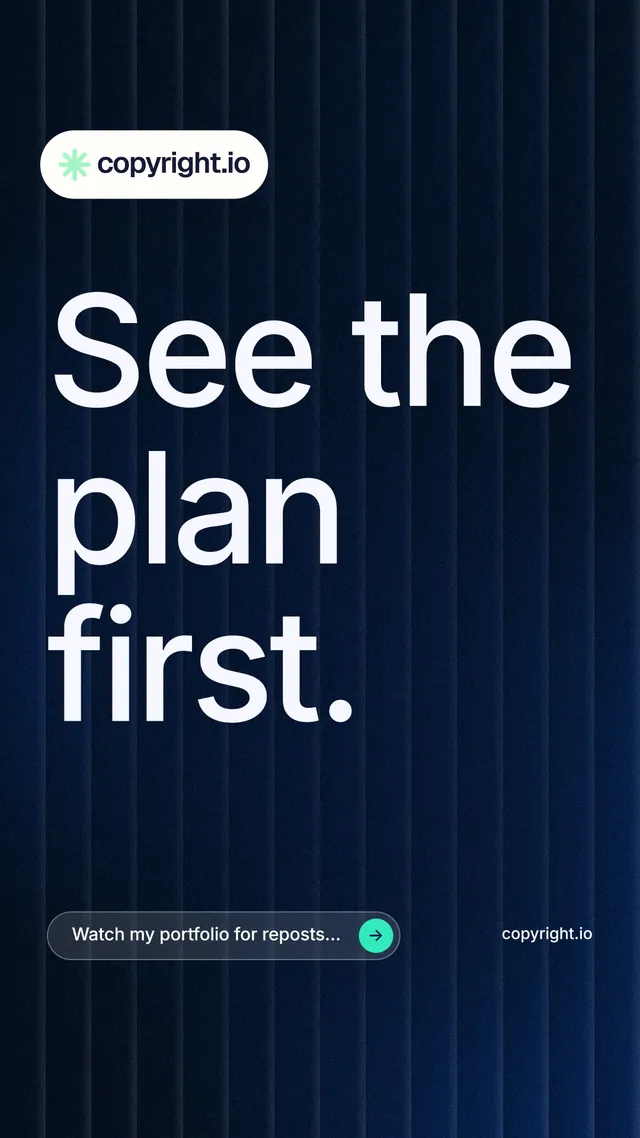 Instagram story for copyright.io: "See the plan first." Agentic glass style, poster layout, dark palette in black, blue, grey.