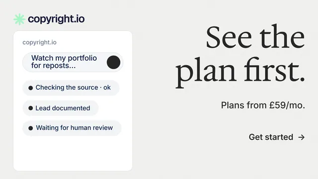 Landscape graphic for copyright.io: "See the plan first." Minimal luxury style, right layout, light palette in white.