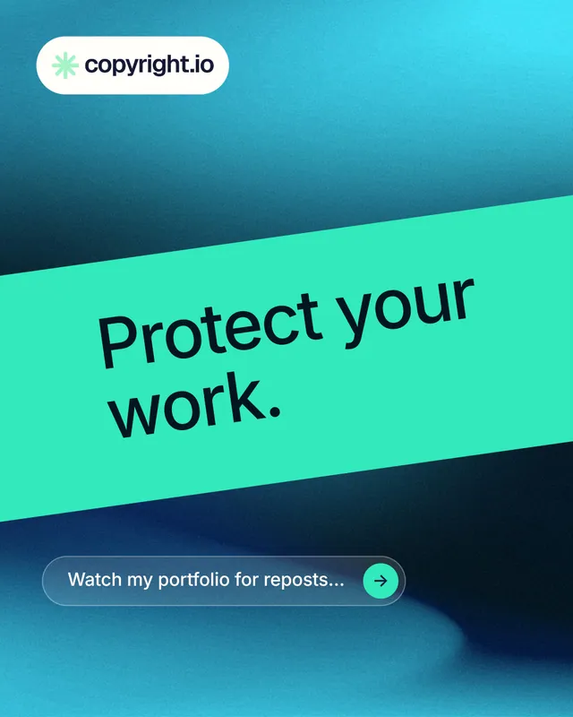 Instagram portrait post for copyright.io: "Protect your work." Agentic glass style, diagonal layout, light palette in teal, blue.