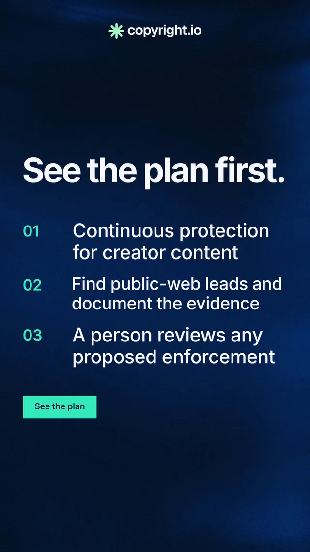 Instagram story for copyright.io: "See the plan first." Swiss style, numbered layout, dark palette in black, blue.
