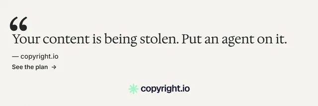 X header for copyright.io: "Evidence, documented." Minimal luxury style, quote layout, light palette in white, grey.