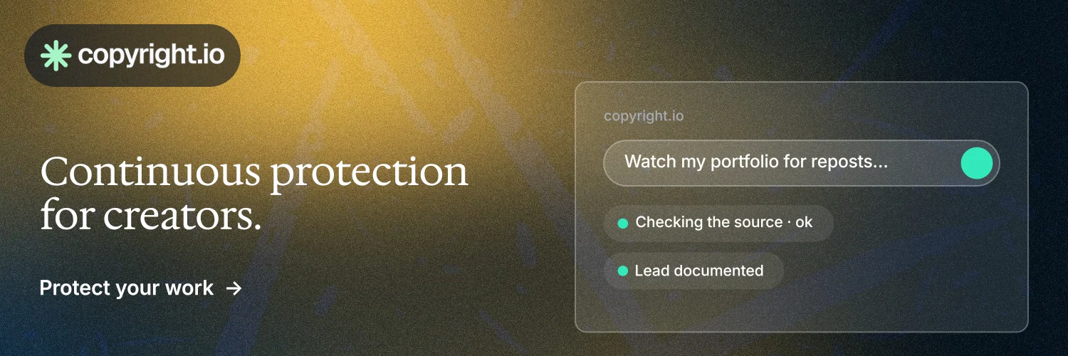 X header for copyright.io: "Continuous protection for creators." Minimal luxury style, bottom layout, dark palette in yellow, brown, black.