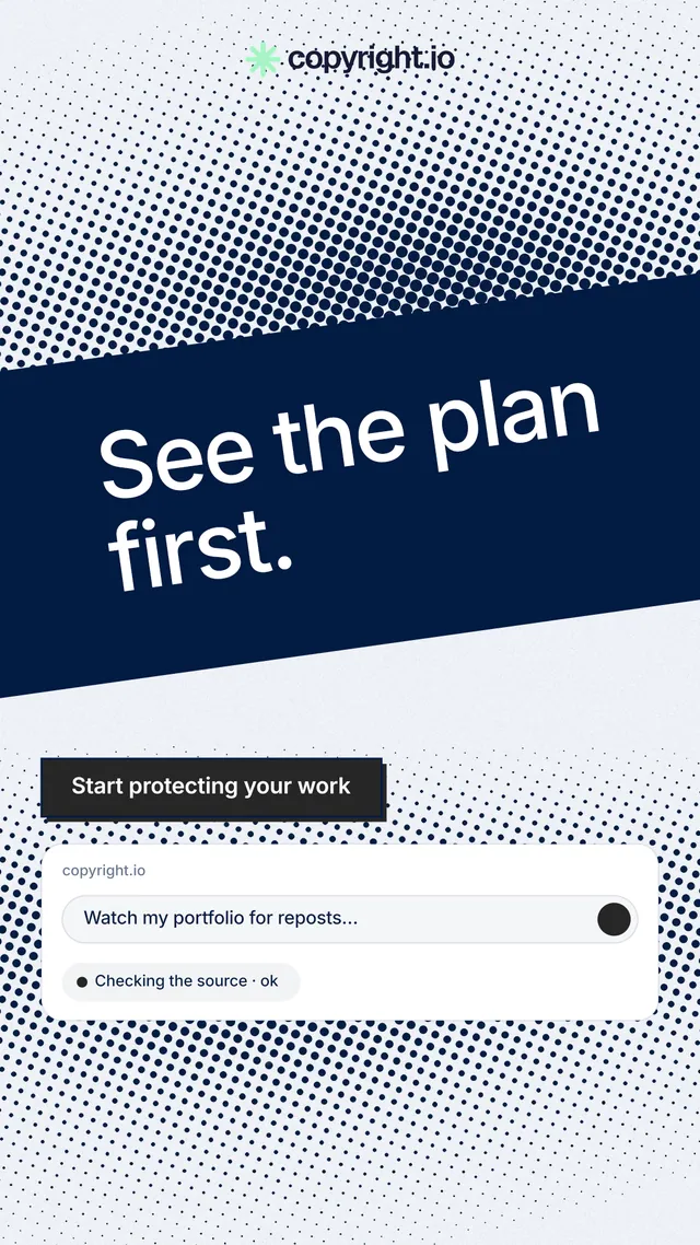 Instagram story for copyright.io: "See the plan first." Brutalist style, diagonal layout, light palette in blue, white, grey.