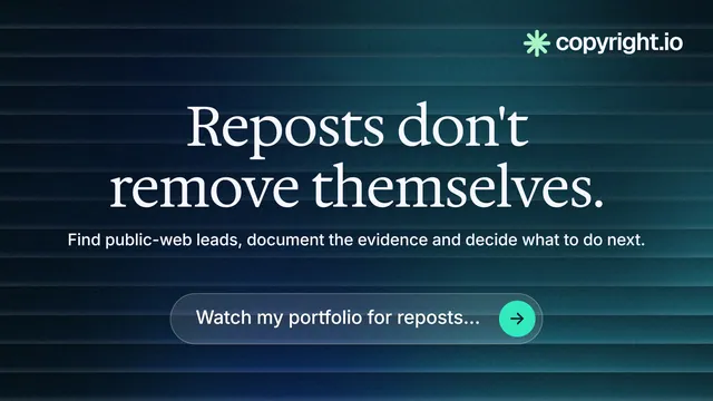 Landscape graphic for copyright.io: "Reposts don't remove themselves." Agentic glass style, centred layout, dark palette in black, blue, grey.