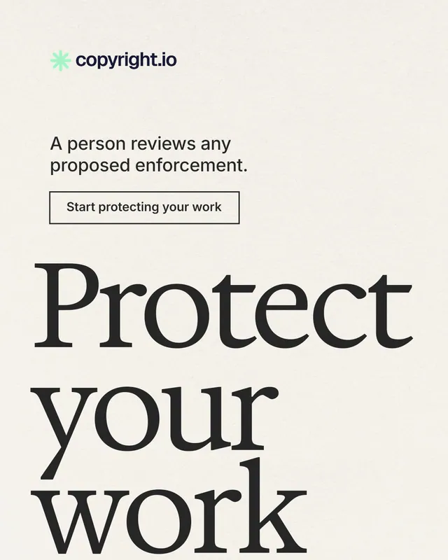 Instagram portrait post for copyright.io: "Find your reposted work." Editorial style, oversized layout, light palette in white, yellow, grey.