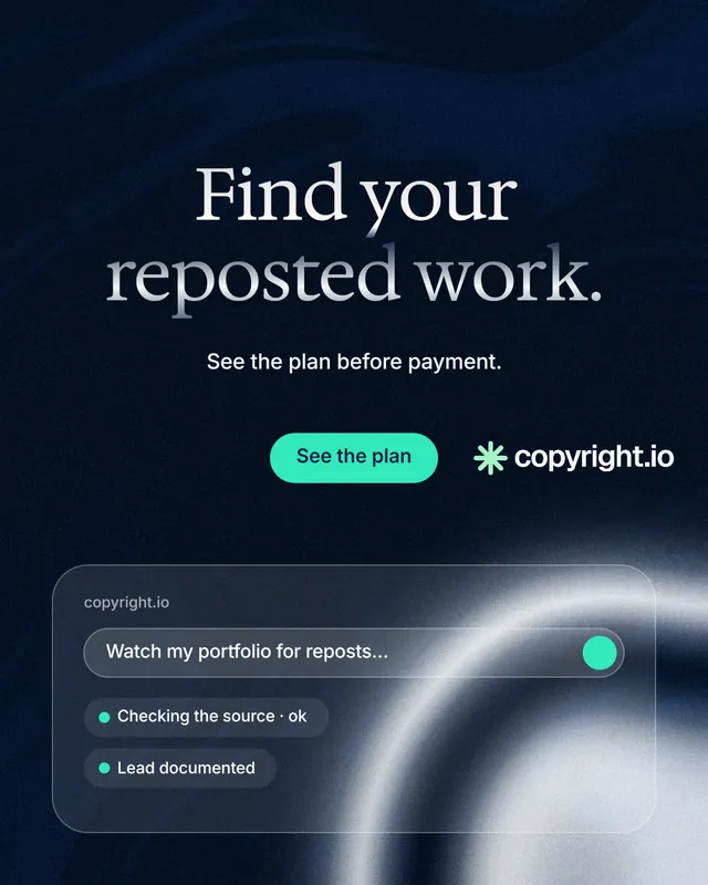 Instagram portrait post for copyright.io: "Find your reposted work." Y2K style, centred layout, dark palette in black, blue, grey.