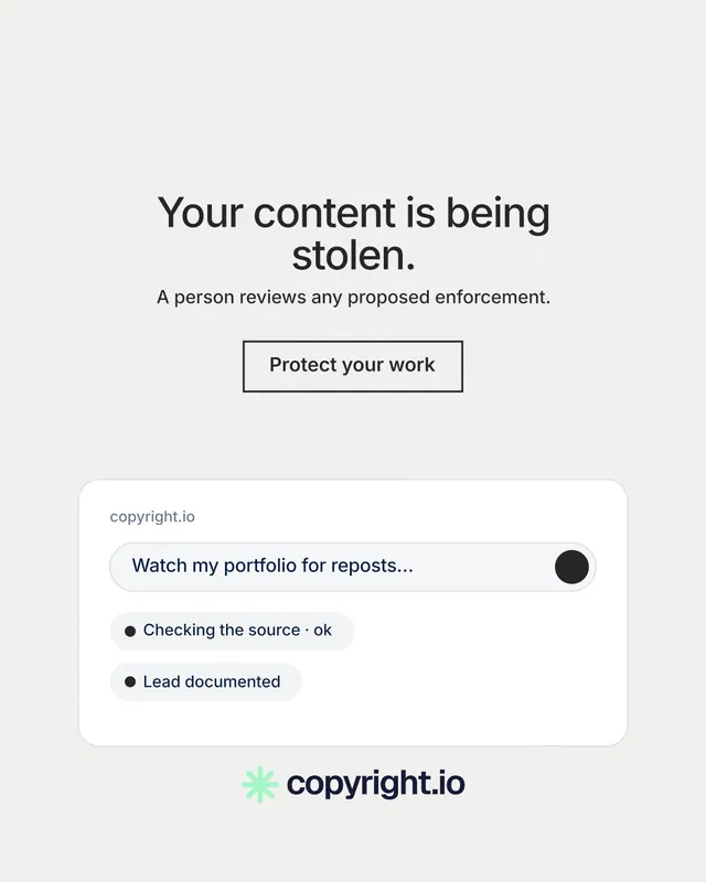 Instagram portrait post for copyright.io: "Your content is being stolen." Editorial style, centred layout, light palette in white.