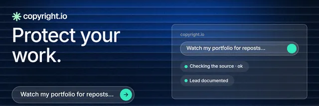X header for copyright.io: "Protect your work." Agentic glass style, bottom layout, dark palette in black, blue.