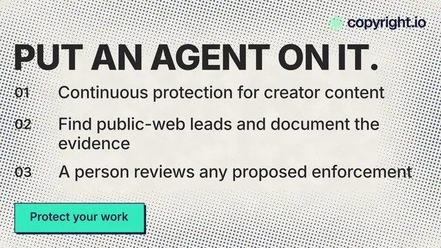Landscape graphic for copyright.io: "Put an agent on it." Brutalist style, numbered layout, light palette in white, orange, grey.