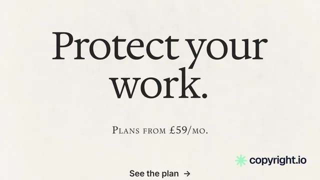Landscape graphic for copyright.io: "Protect your work." Editorial style, smallcaps layout, light palette in white, grey.