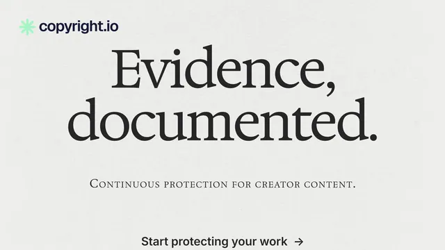 Landscape graphic for copyright.io: "Evidence, documented." Swiss style, smallcaps layout, light palette in white, grey.