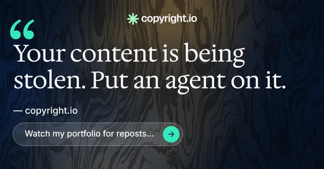 Social ad for copyright.io: "Put an agent on it." Agentic glass style, quote layout, dark palette in black, grey, blue.