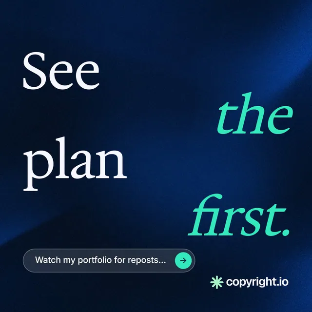 Instagram post for copyright.io: "See the plan first." Agentic glass style, stacked layout, dark palette in black, blue.