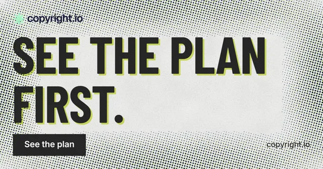 Social ad for copyright.io: "See the plan first." Retro print style, poster layout, light palette in grey, white.
