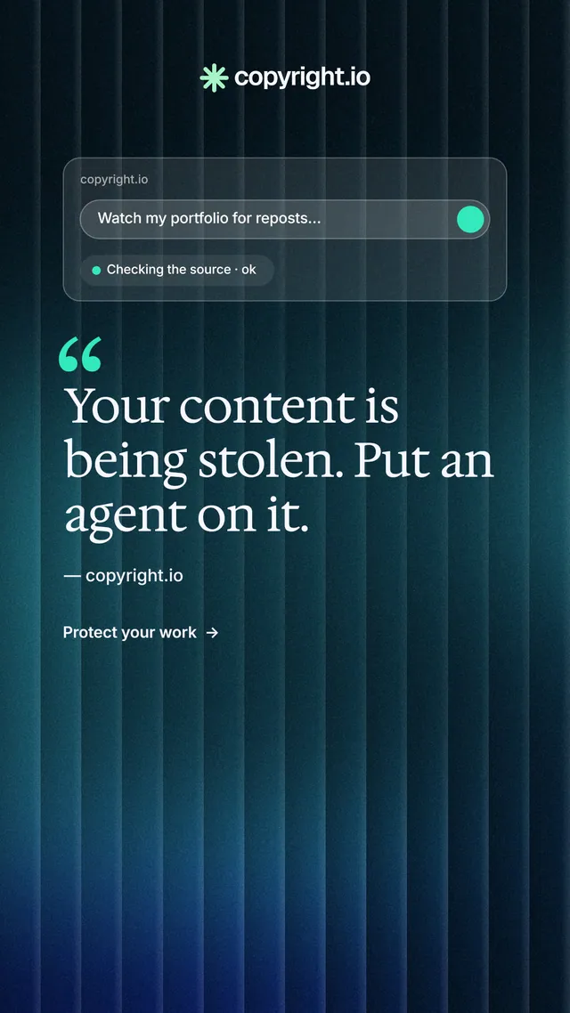 Instagram story for copyright.io: "Reposts don't remove themselves." Minimal luxury style, quote layout, dark palette in blue, black.