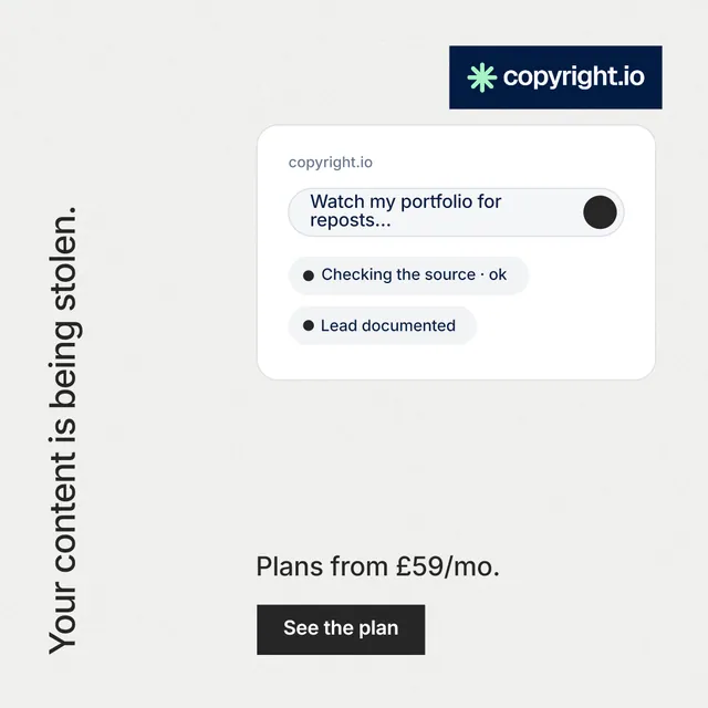 Instagram post for copyright.io: "Your content is being stolen." Swiss style, vertical layout, light palette in white, grey.