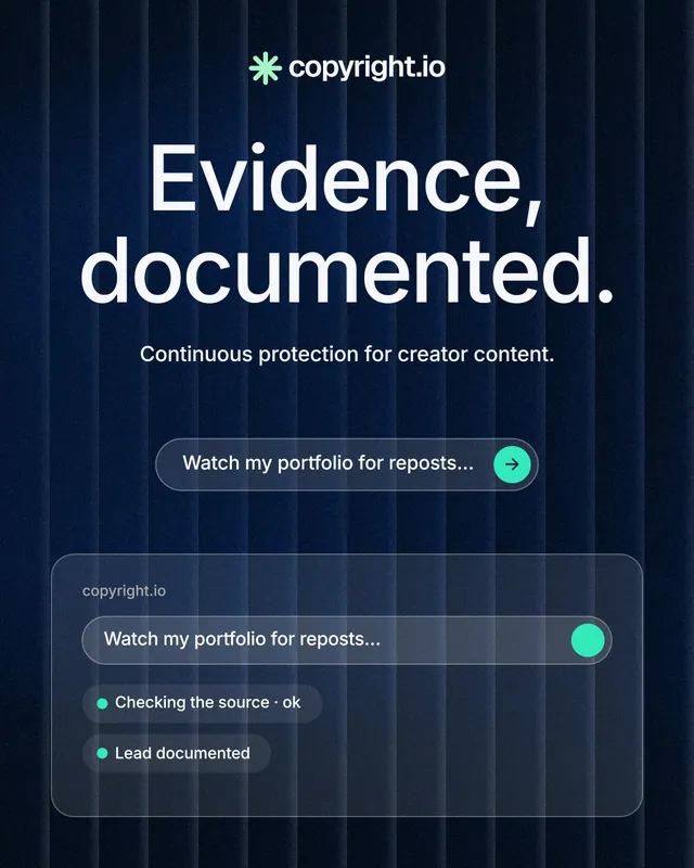 Instagram portrait post for copyright.io: "Evidence, documented." Agentic glass style, centred layout, dark palette in blue, black.