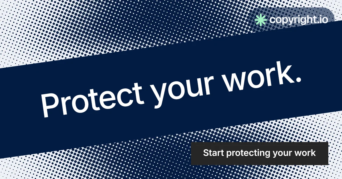 Social ad for copyright.io: "Protect your work." Swiss style, diagonal layout, dark palette in blue, grey.