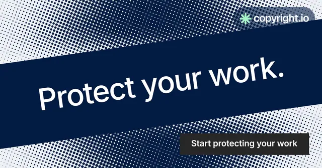 Social ad for copyright.io: "Protect your work." Swiss style, diagonal layout, dark palette in blue, grey.