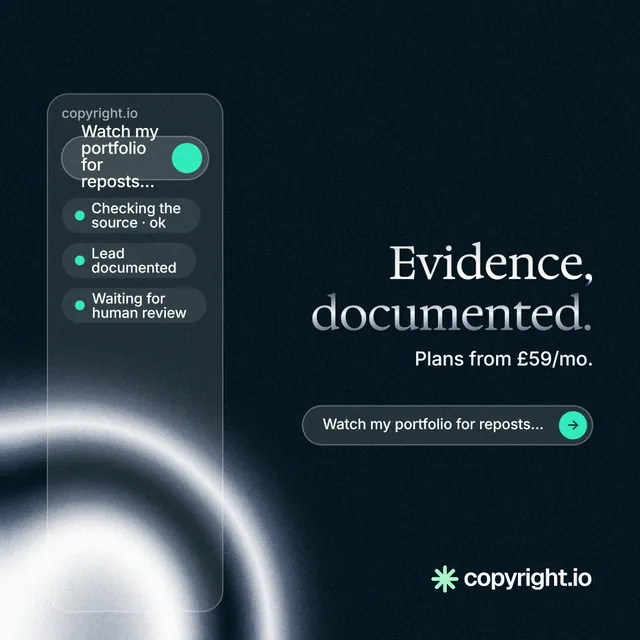 Instagram post for copyright.io: "Evidence, documented." Agentic glass style, right layout, dark palette in black, blue, grey.