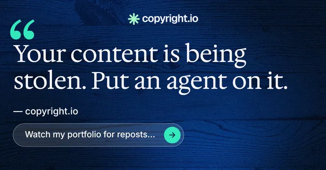 Social ad for copyright.io: "Find your reposted work." Agentic glass style, quote layout, dark palette in blue, black.
